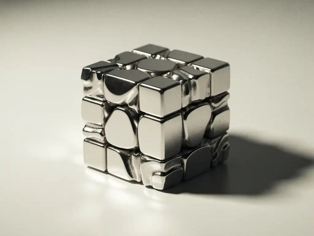 Gedeeltelijk opgeloste mirror cube puzzel met asymmetrische zilveren blokken op wit oppervlak, scherpe schaduwen en ondiepte scherptediepte.