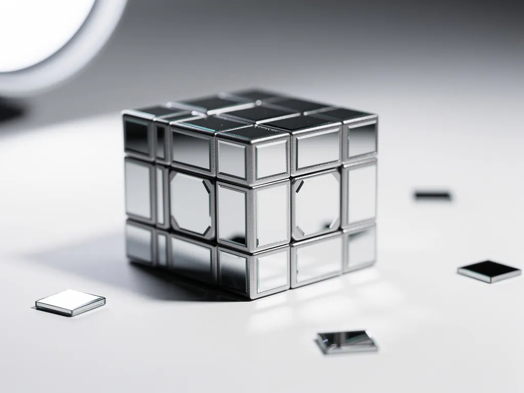 Zilveren mirror cube in rotatie op wit oppervlak, reflecterende facetten vangen studiolicht met scherpe geometrische schaduwen.