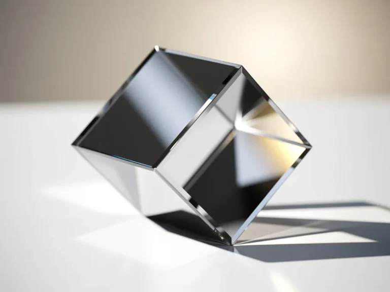 Zilveren mirror cube mid-rotatie op wit oppervlak, met reflecterende facetten die scherpe geometrische schaduwen werpen.