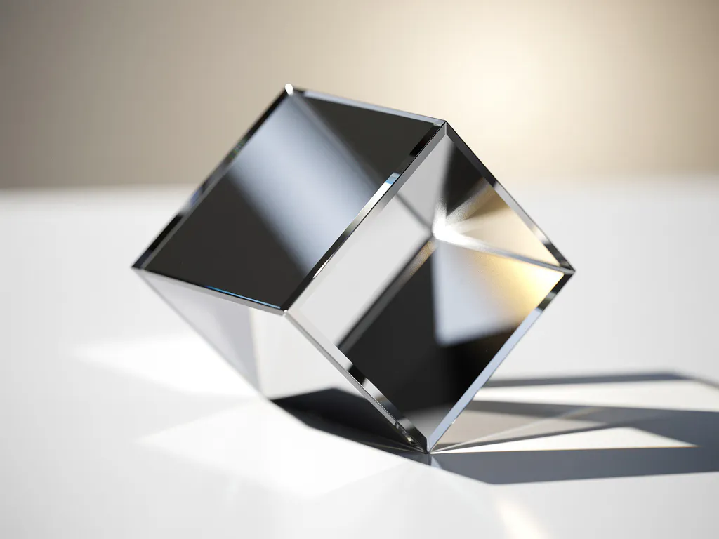 Zilveren mirror cube mid-rotatie op wit oppervlak, met reflecterende facetten die scherpe geometrische schaduwen werpen.