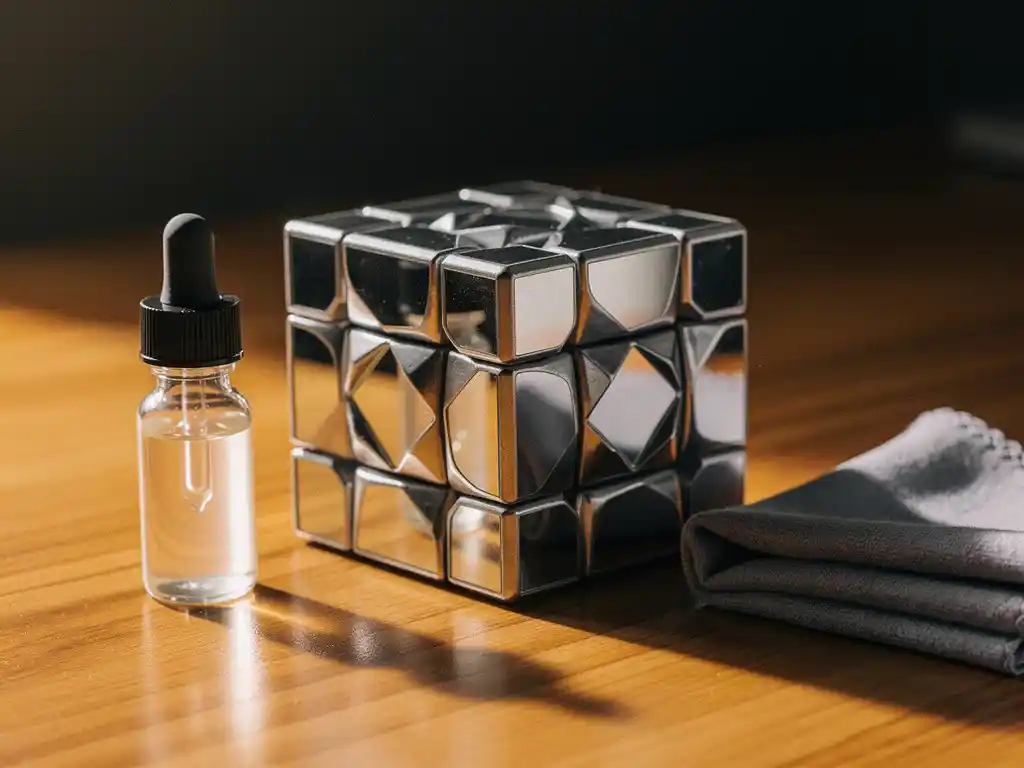 Zilveren mirror cube op houten bureau met druppelflesje smeermiddel en microvezeldoek, warme gouden belichting.