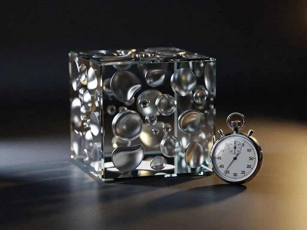 Zilveren mirror cube met onregelmatige reflecterende vormen naast een stopwatch op donker oppervlak, dramatische zijverlichting.
