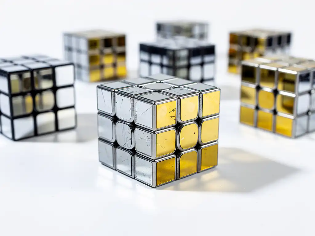 Verzameling mirror cubes in opgeloste en door elkaar gehaalde staat op wit oppervlak, met zilver en gouden reflecterende panelen.