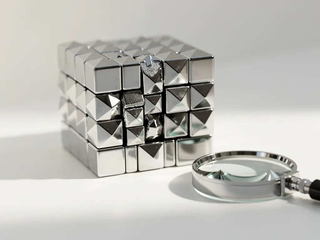 Gedeeltelijk gedraaide zilveren mirror cube met uitstekende geometrische vormen naast een juweliersloepe op wit oppervlak.